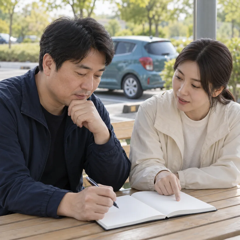 차 옆 쉼터에서 운전 재시작 계획 정리 · 장롱면허운전연수 안내용 AI 예시